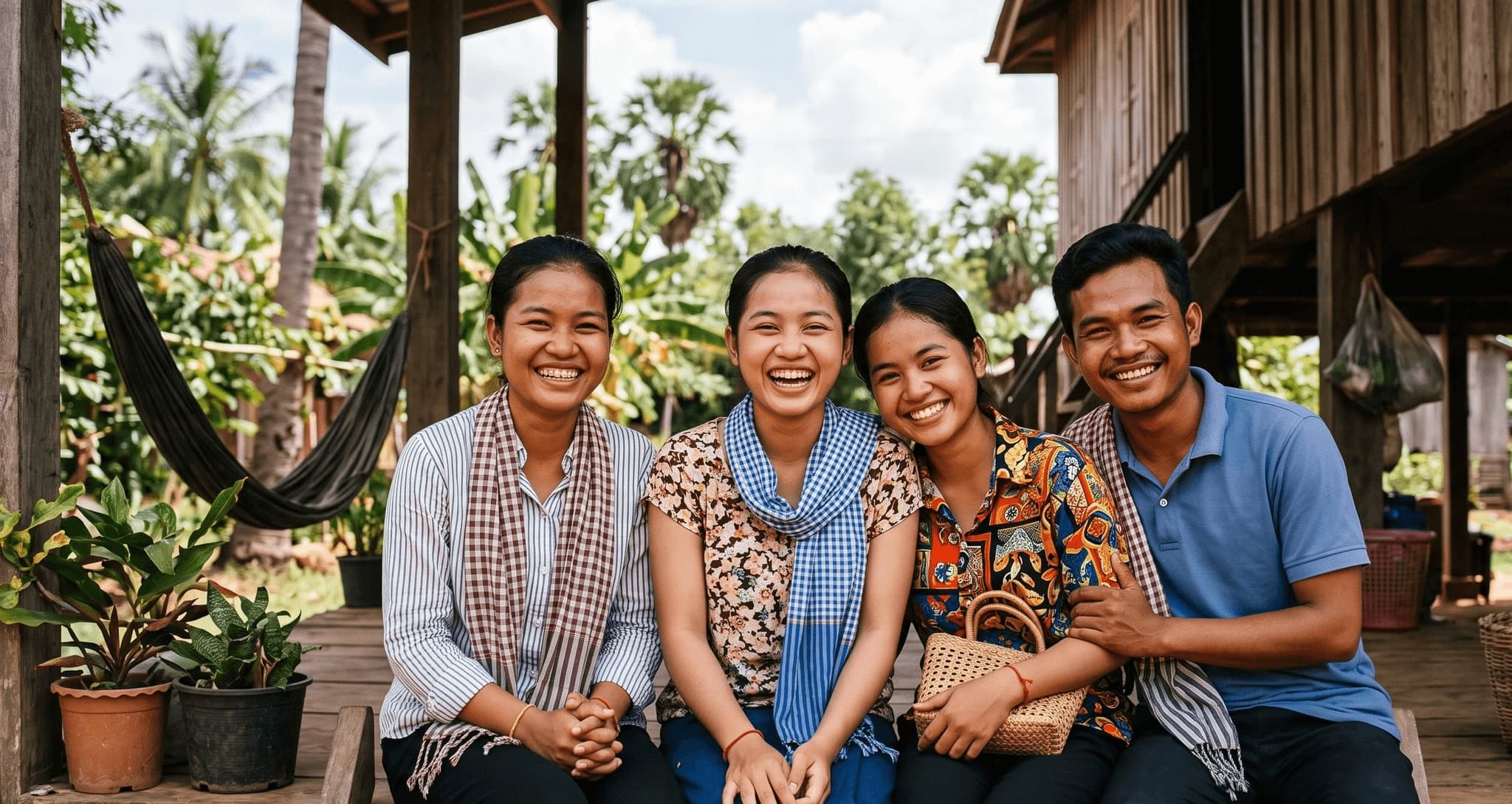 Vier lachende jonge Cambodjanen naast elkaar